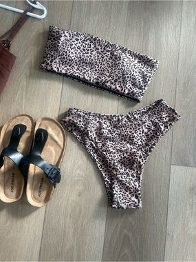 Leopard Print Bandeau Bikini Set - cream & Black